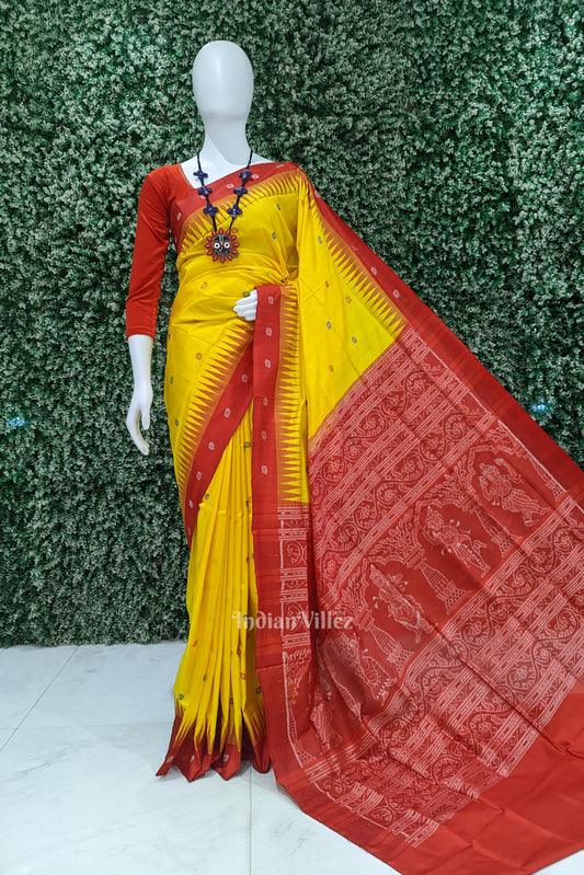 Yellow Red Flower Motif Odisha Ikat Bomkai Silk Saree