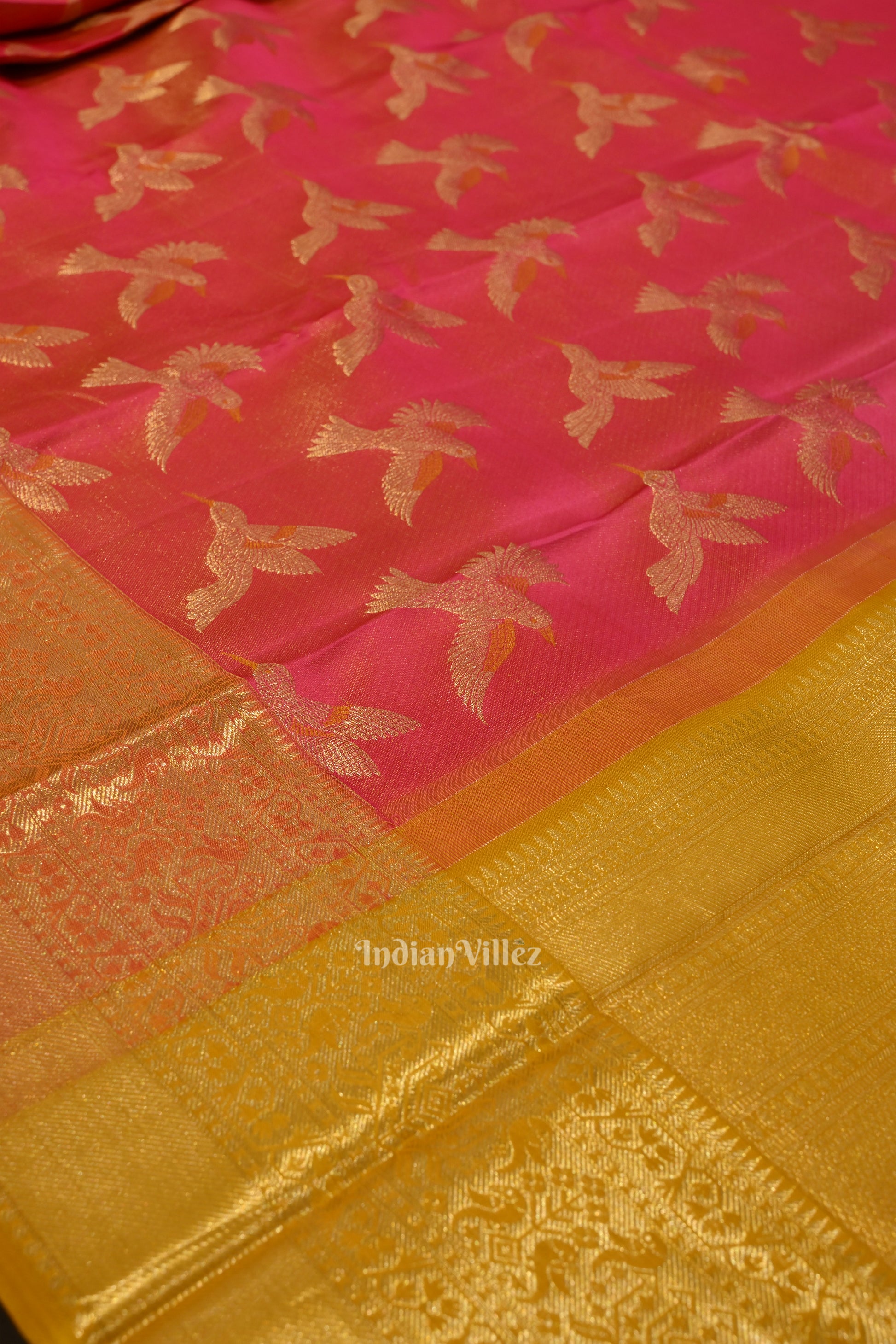 Pink With Mustard Yellow Bird Theme Pure Kanjivaram Silk Saree