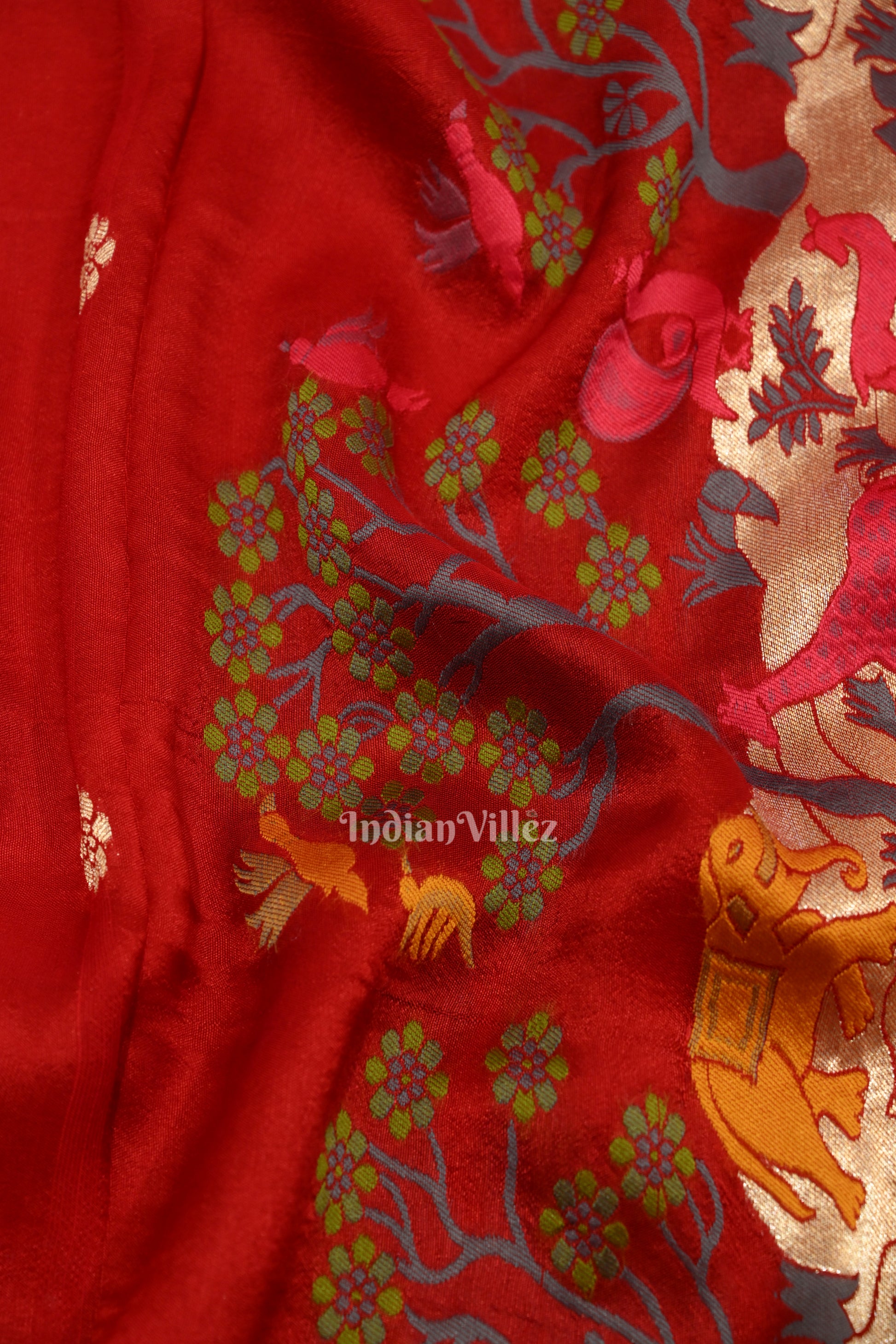 Deep Red Shikargah Theme Tussar Banarasi Handloom Silk Saree