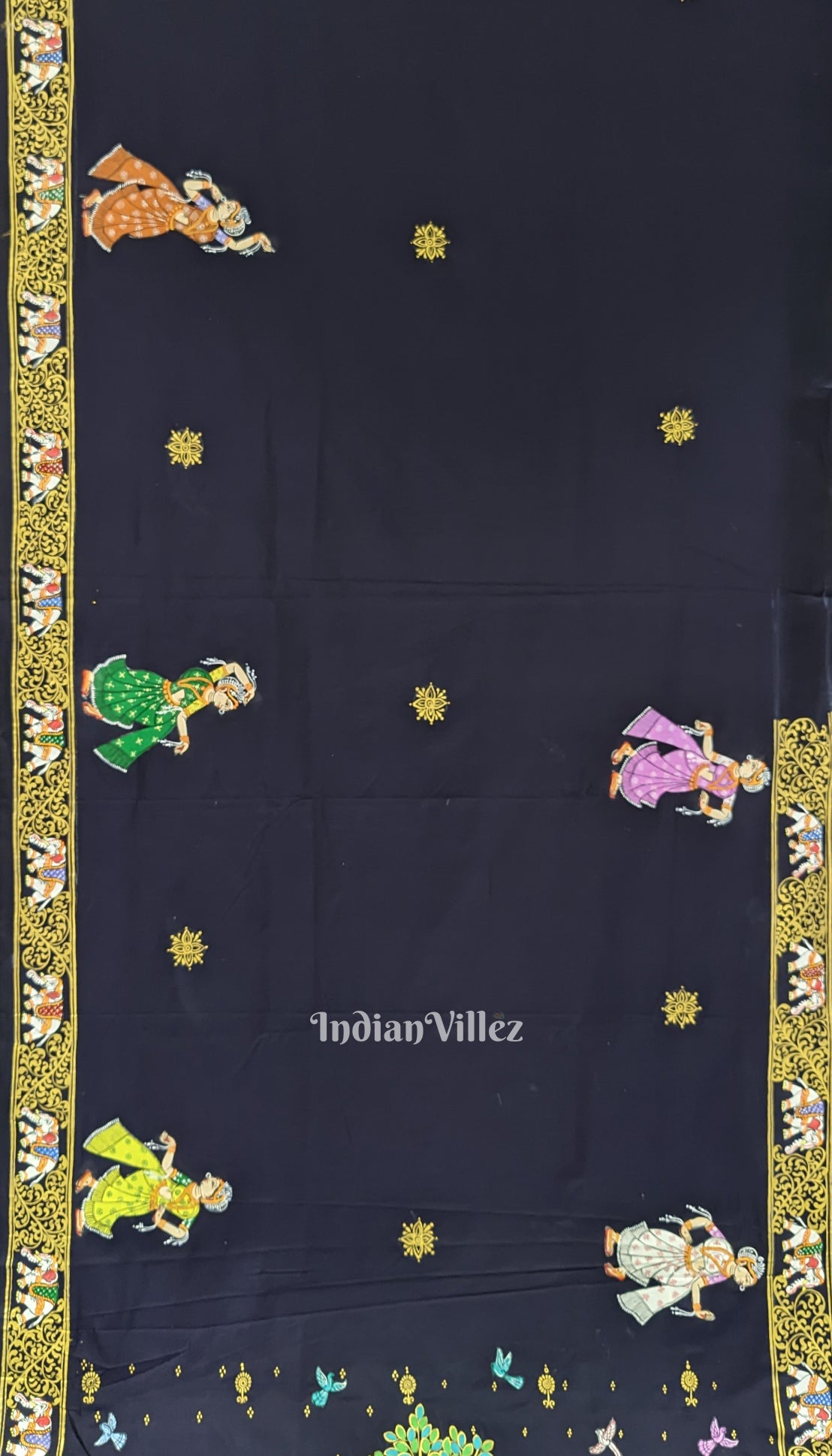 Deep Blue Kandarpa Hati (Elephant) Pattachitra Silk Saree