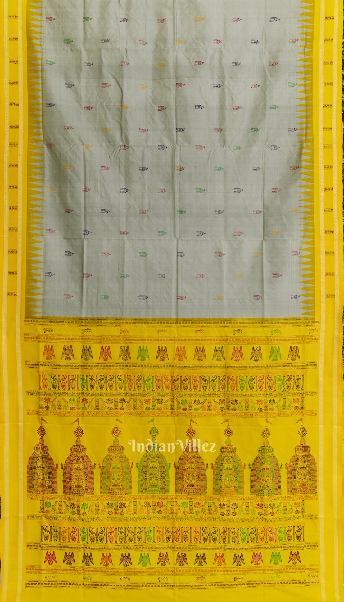 Grey Yellow Odisha Ikat Shree Mandir Sambalpuri Silk Saree