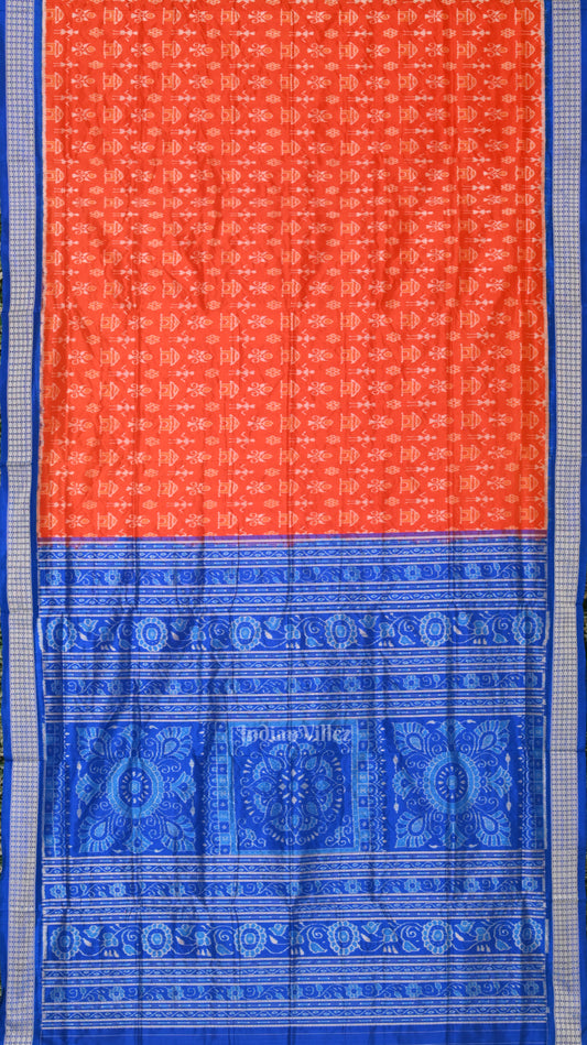 Orange Royal Blue Tribal Theme Sambalpuri Silk Saree