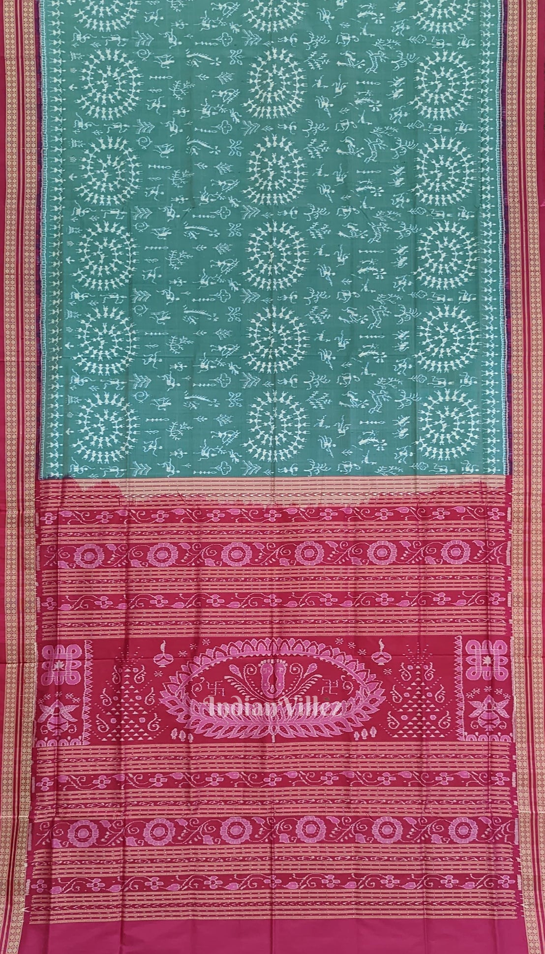 Light Green Odisha Ikat Tribal Theme Sambalpuri Silk Saree