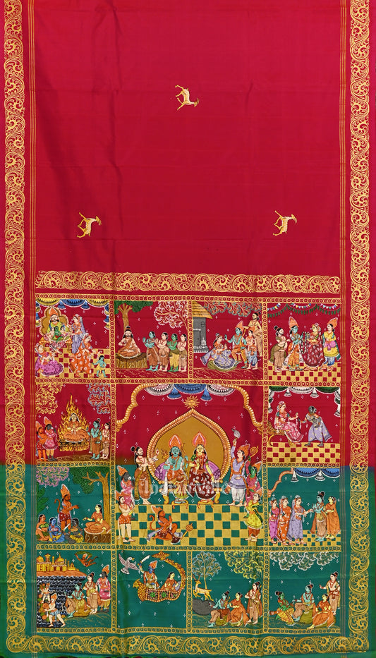 Red with Sea Green Ramayana Theme Hand-Painted Pattachitra Saree