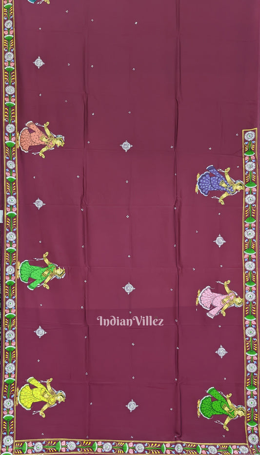 Magenta Ramayan Theme Hand-Painted Pattachitra Saree (Pre Order)