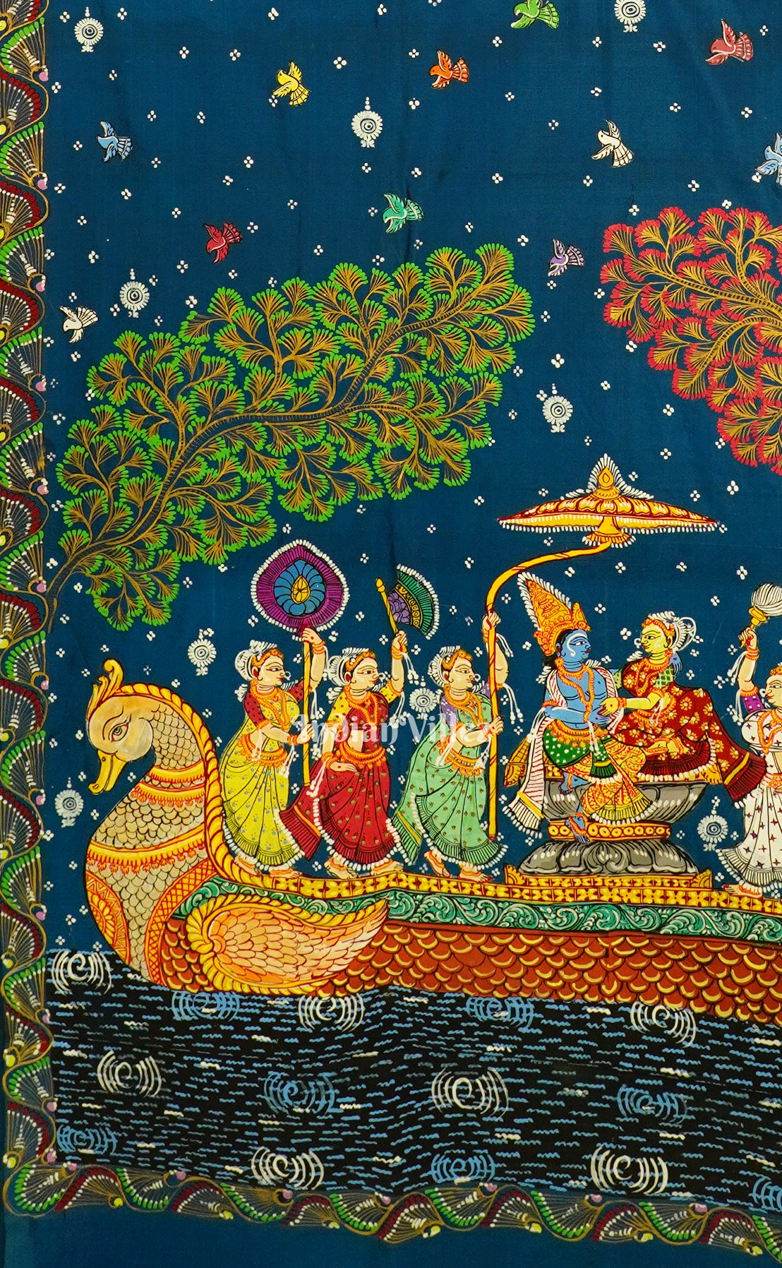 Teal And Red Krishna Radha With Boita Theme Pattachitra Silk Saree