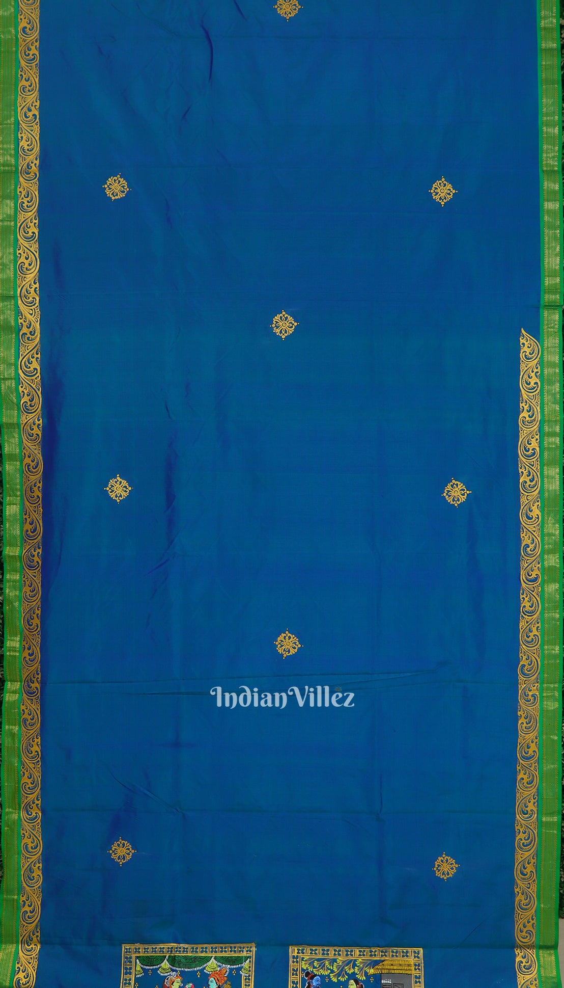 Blue Green Ramayan Theme Pattachitra Silk Saree