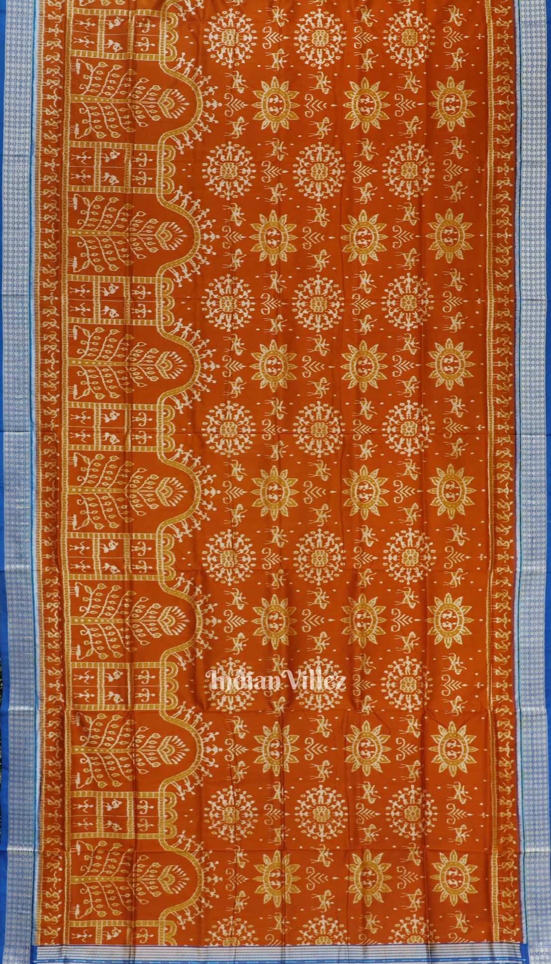 Orange Blue Tribal Theme Odisha Ikat Pure Sambalpuri Silk Saree