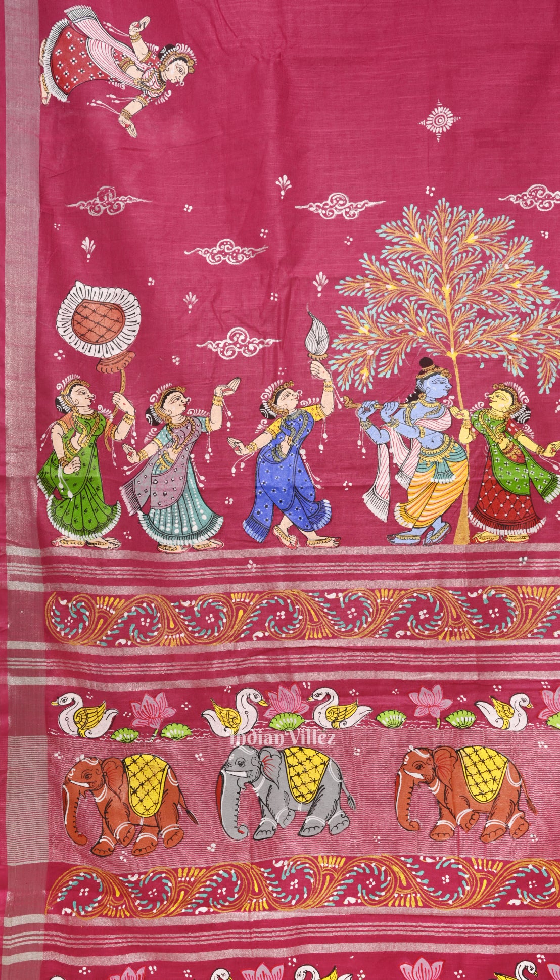 Pink Mudra Theme Hand-Painted Pattachitra Linen Saree With Zari Border