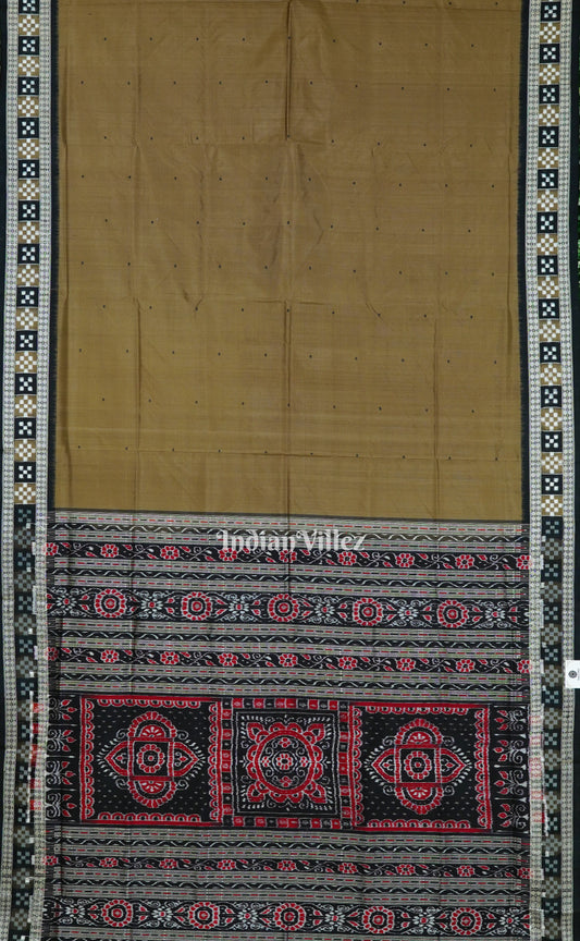 Dark Olive Green Sambalpuri Ikat Bomkai Silk Saree With Pasapalli Border