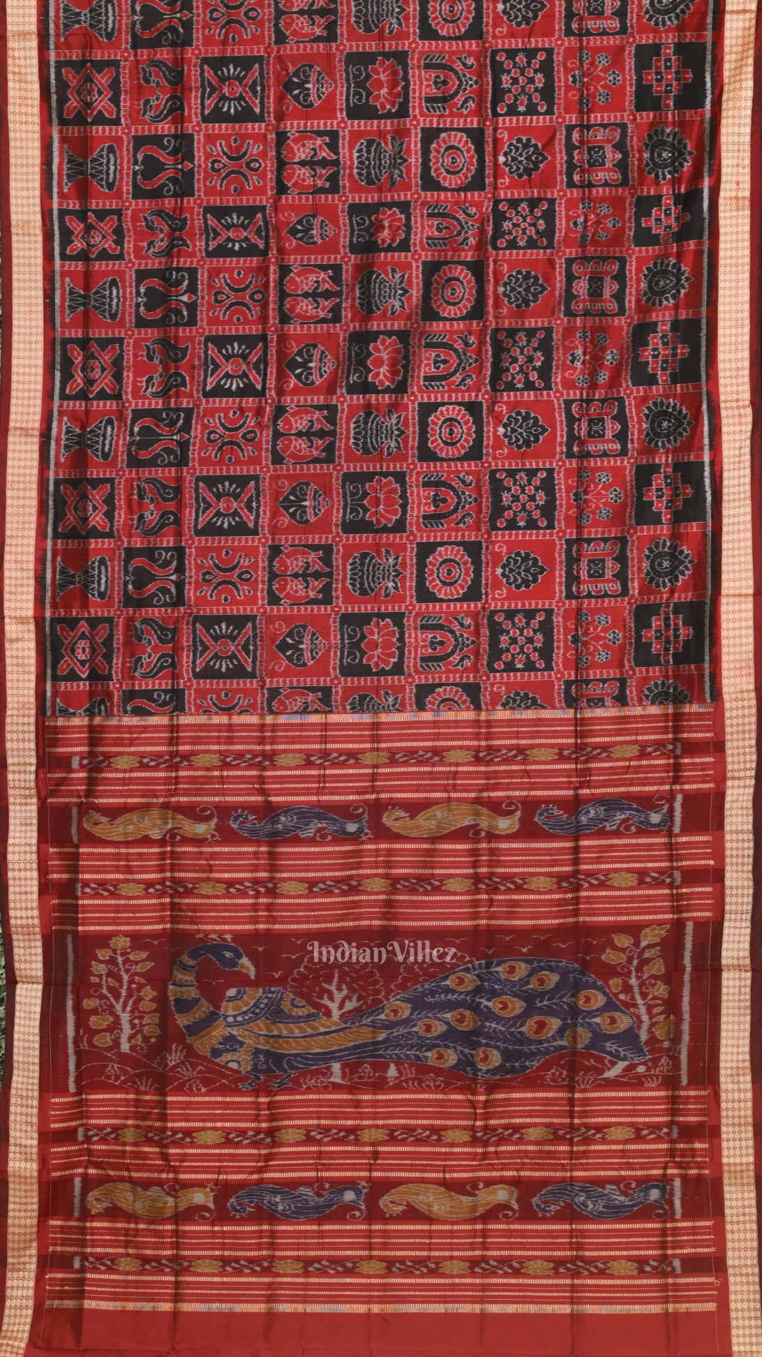 Maroon Black Nabakothi Odisha Ikat Sambalpuri Silk Saree 