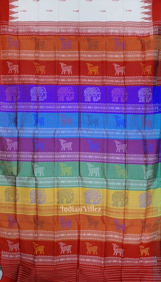 White Fish Motif Double Pallu Berhampuri Silk Saree