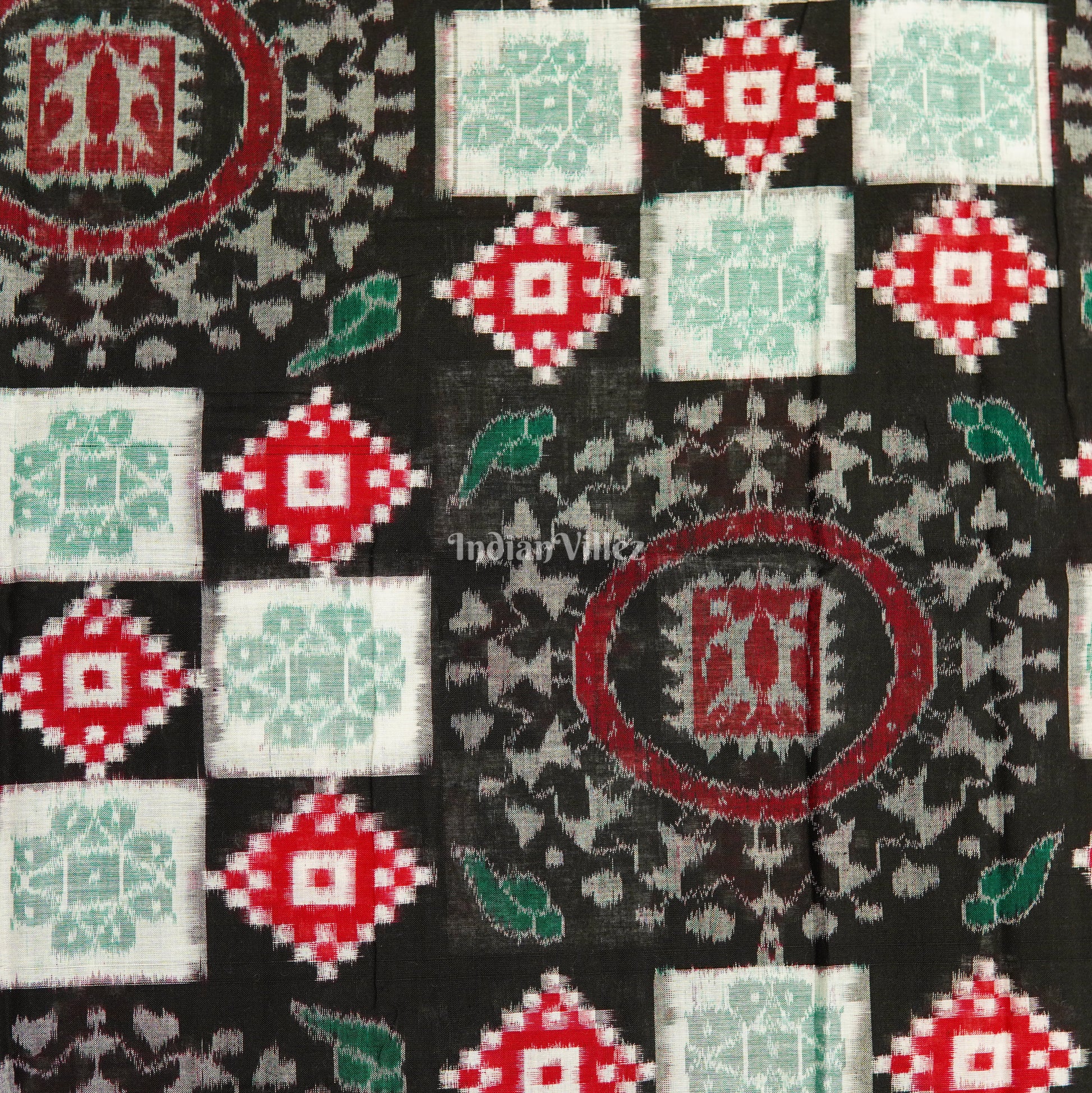 Black With Red Pasapalli Motif Sambalpuri Ikat Cotton Fabric