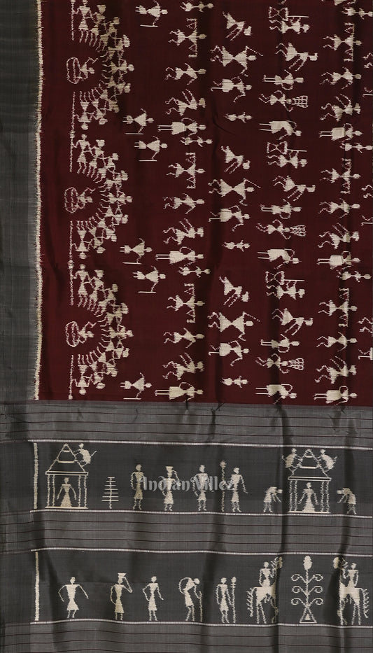 Coffee with Cement Gray Tribal Theme Ikat Contemporary Silk Saree 