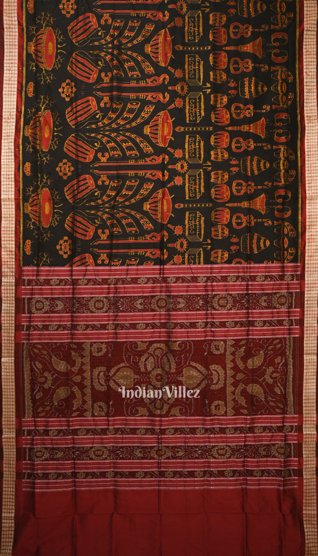 Black Musical Instrument Design Sambalpuri Silk Saree