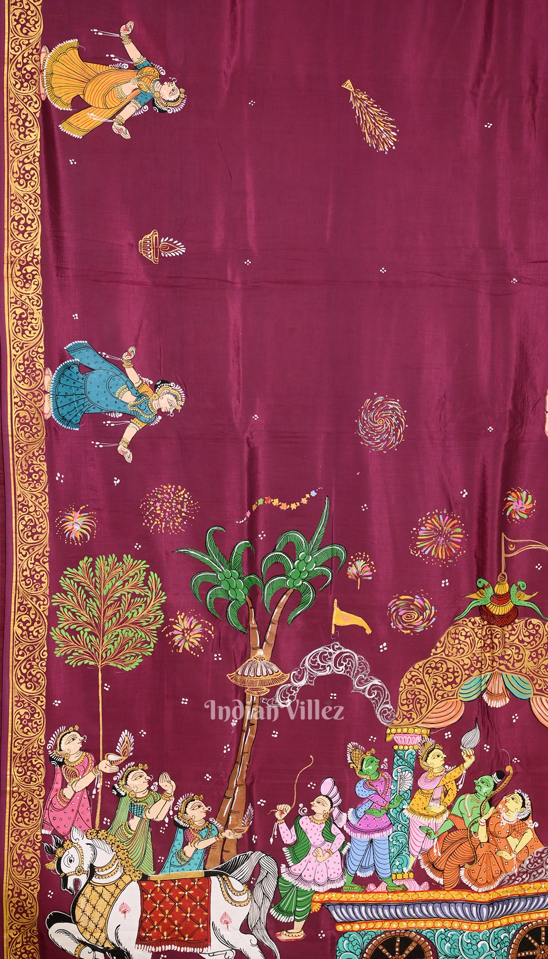 Wine Color Mathura Vijay Theme Hand-Painted Pattachitra Saree