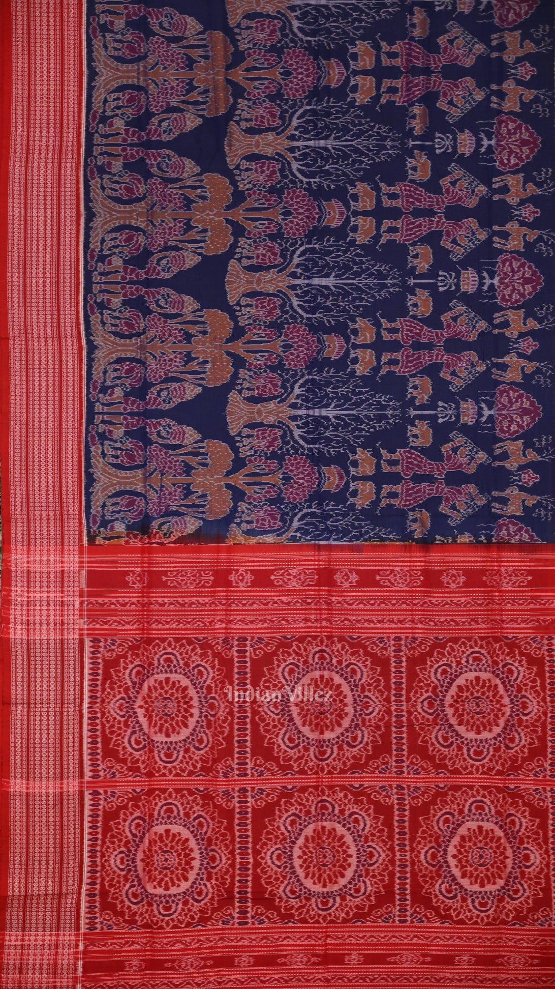 Navy Blue Red Animal Them me Sambalpuri Ikat Cotton Saree 