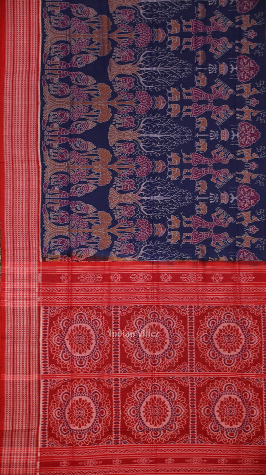 Navy Blue Red Animal Them me Sambalpuri Ikat Cotton Saree 