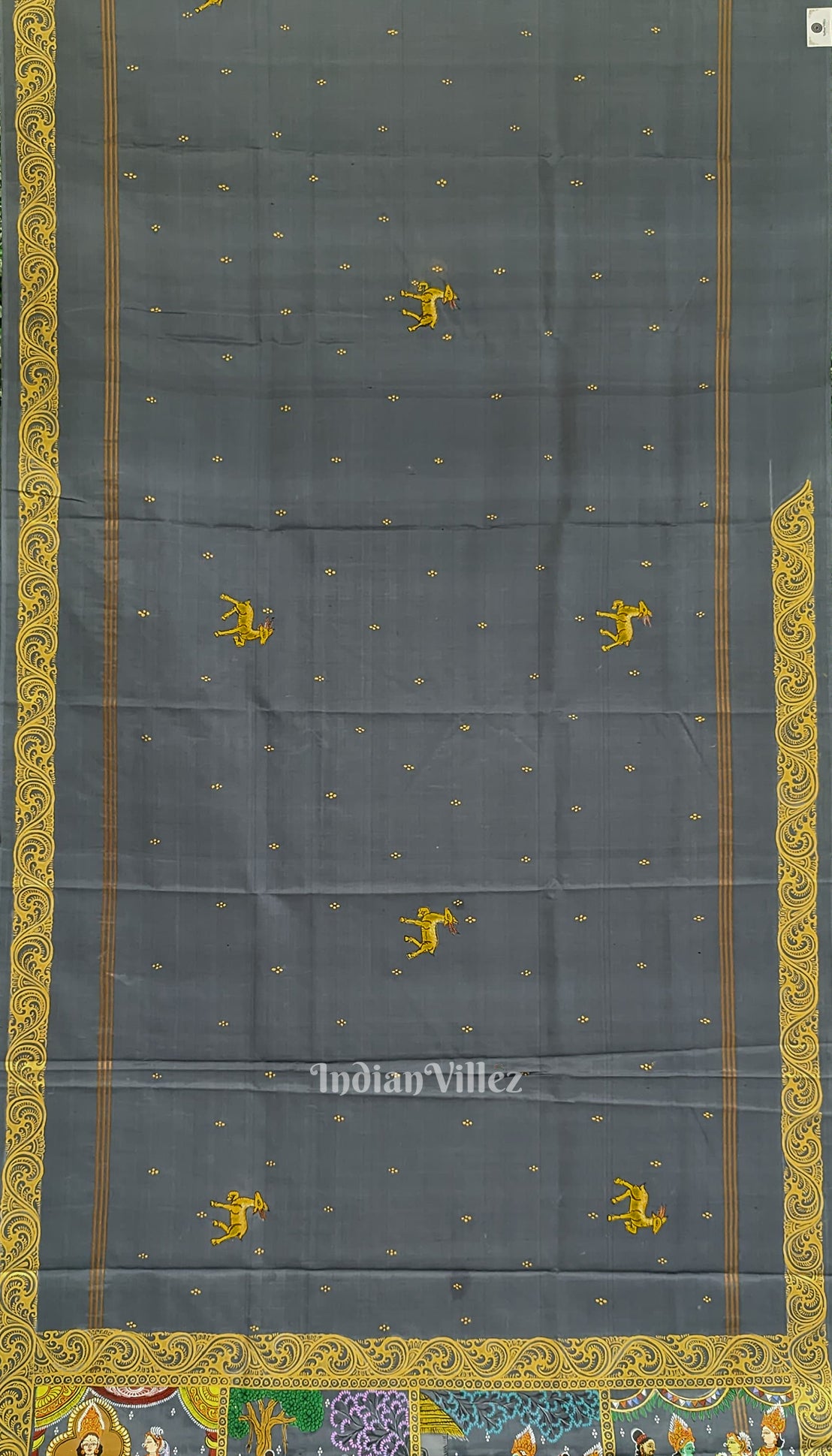 Black Grey Ramayan Theme Hand-Painted Pattachitra Saree