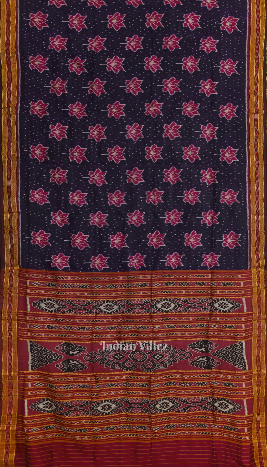 Dark Blue Lotus Design Odisha Ikat Khandua Silk Saree