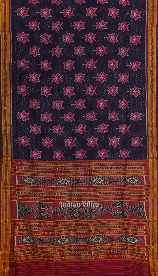 Dark Blue Lotus Design Odisha Ikat Khandua Silk Saree