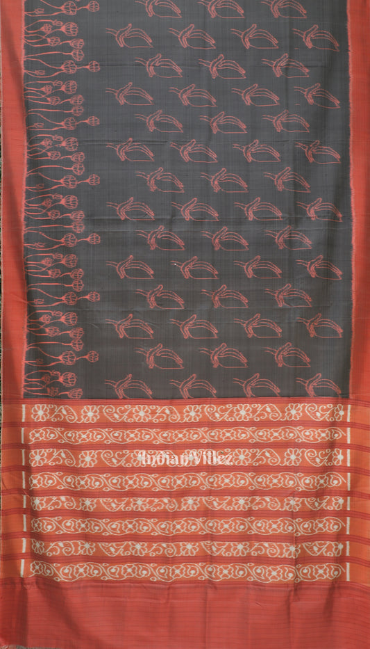 Ash Red Floral Theme Odisha Ikat Contemporary Silk Saree