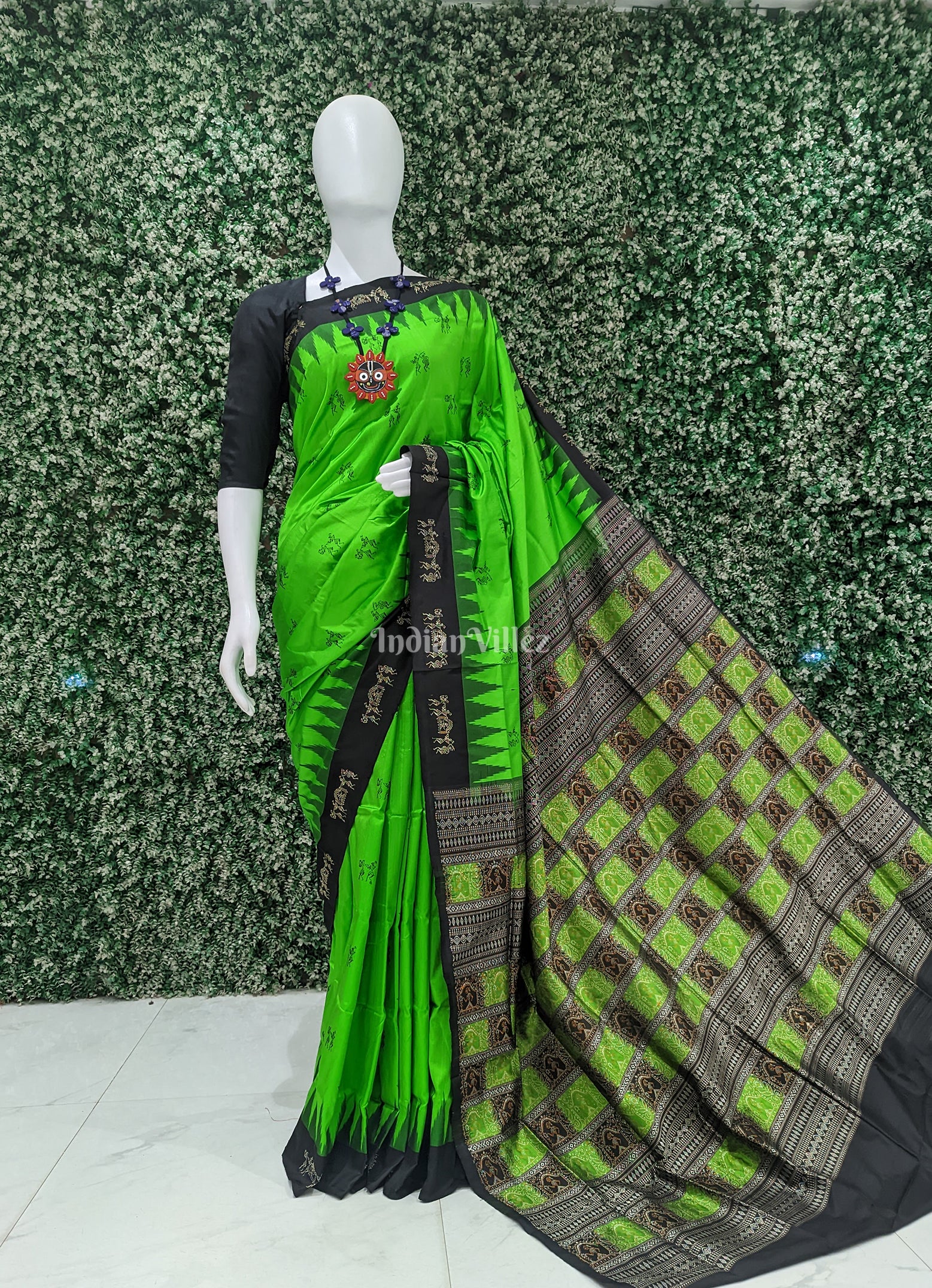 Parrot Green Tribal Doli Sawari Sambalpuri Bomkai Silk Saree