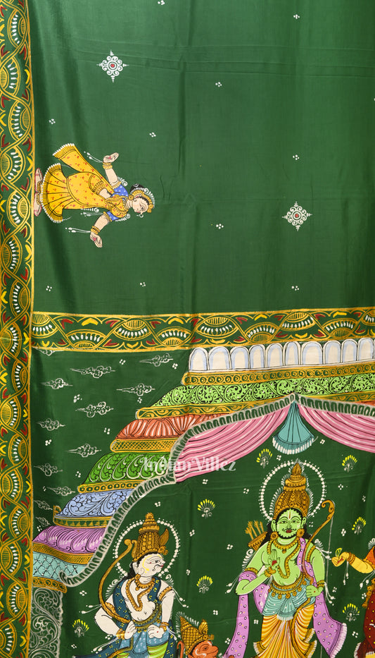 Green Ramayana Theme Hand-Painted Pattachitra Saree