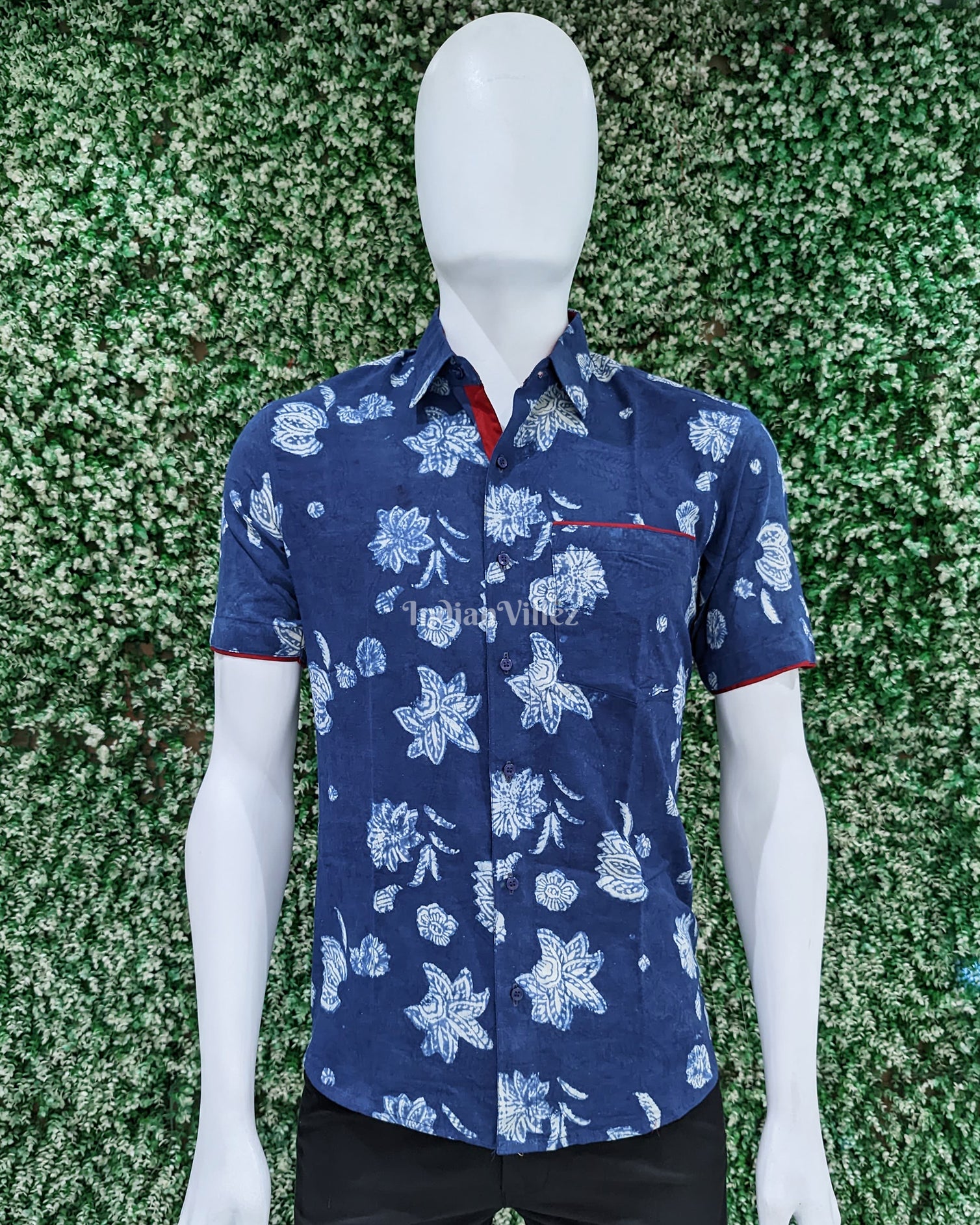 Deep Blue With White Flower Cotton Half Sleeve Shirt for Men