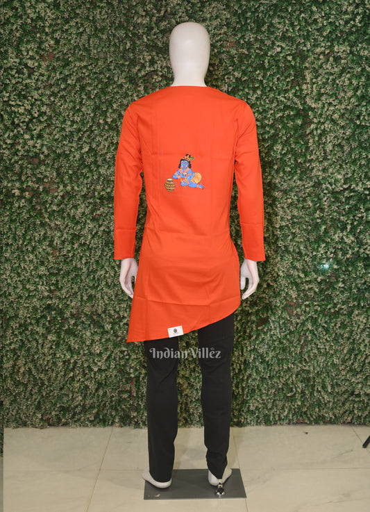 Orange Peacock Theme  Hand-Painted Pattachitra Kurta