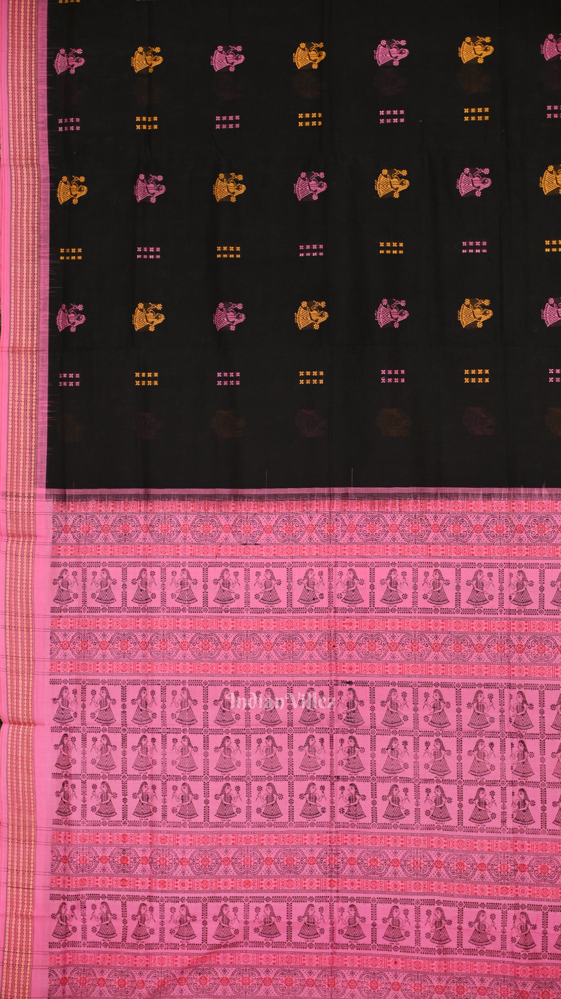 Black Pink Odisha Handloom Doll  Theme Bomkai Cotton Saree