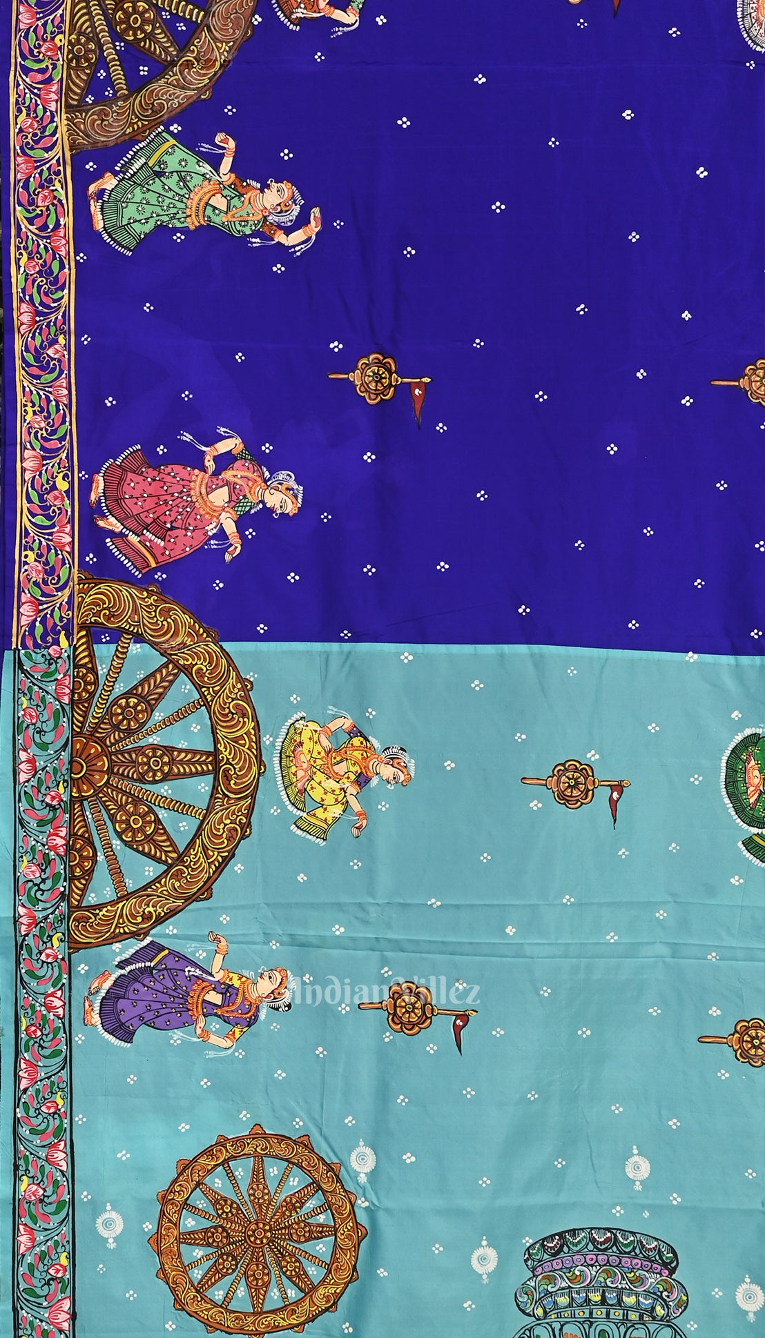 Copper Sulphate Nartaki Konark Temple Hand-Painted Pattachitra Saree