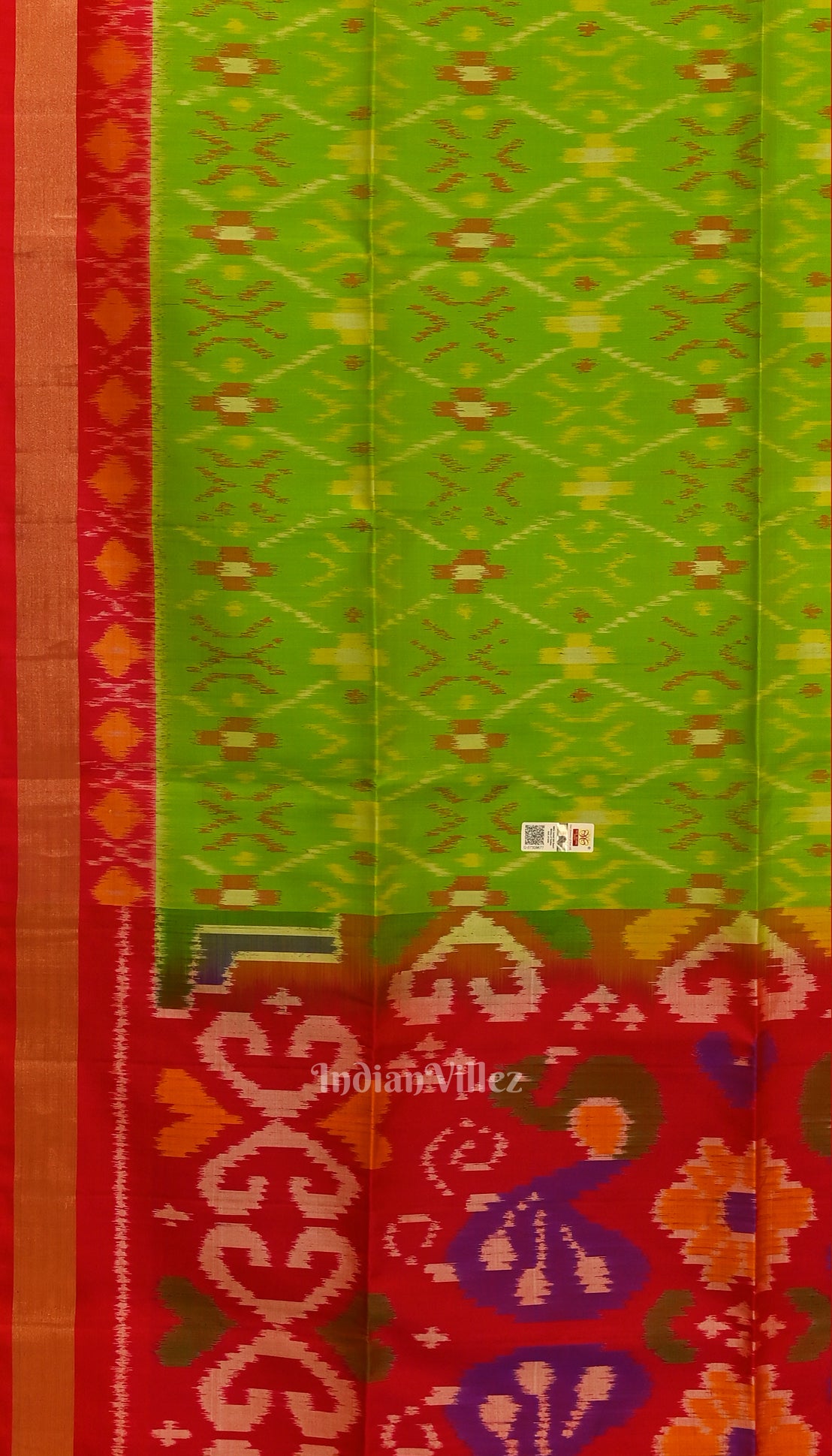 parrot Green with Pure Red Handloom Pochampally Ikat Silk Saree 