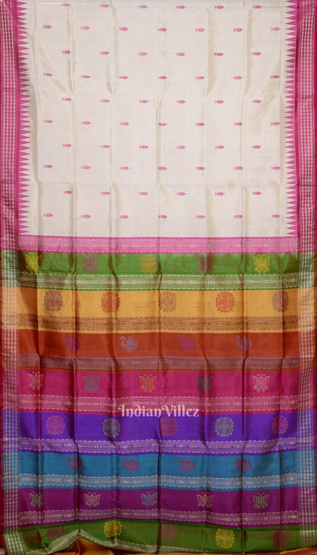 Off White Fish Motif Double Pallu Berhampuri Patta Saree