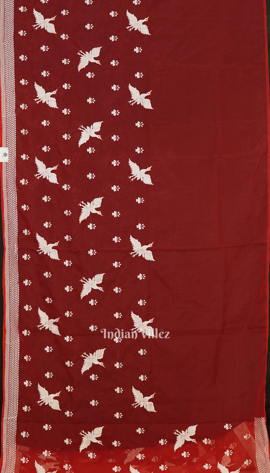 Red Parsi Gara Floral Motif Hand Embroidered Saree