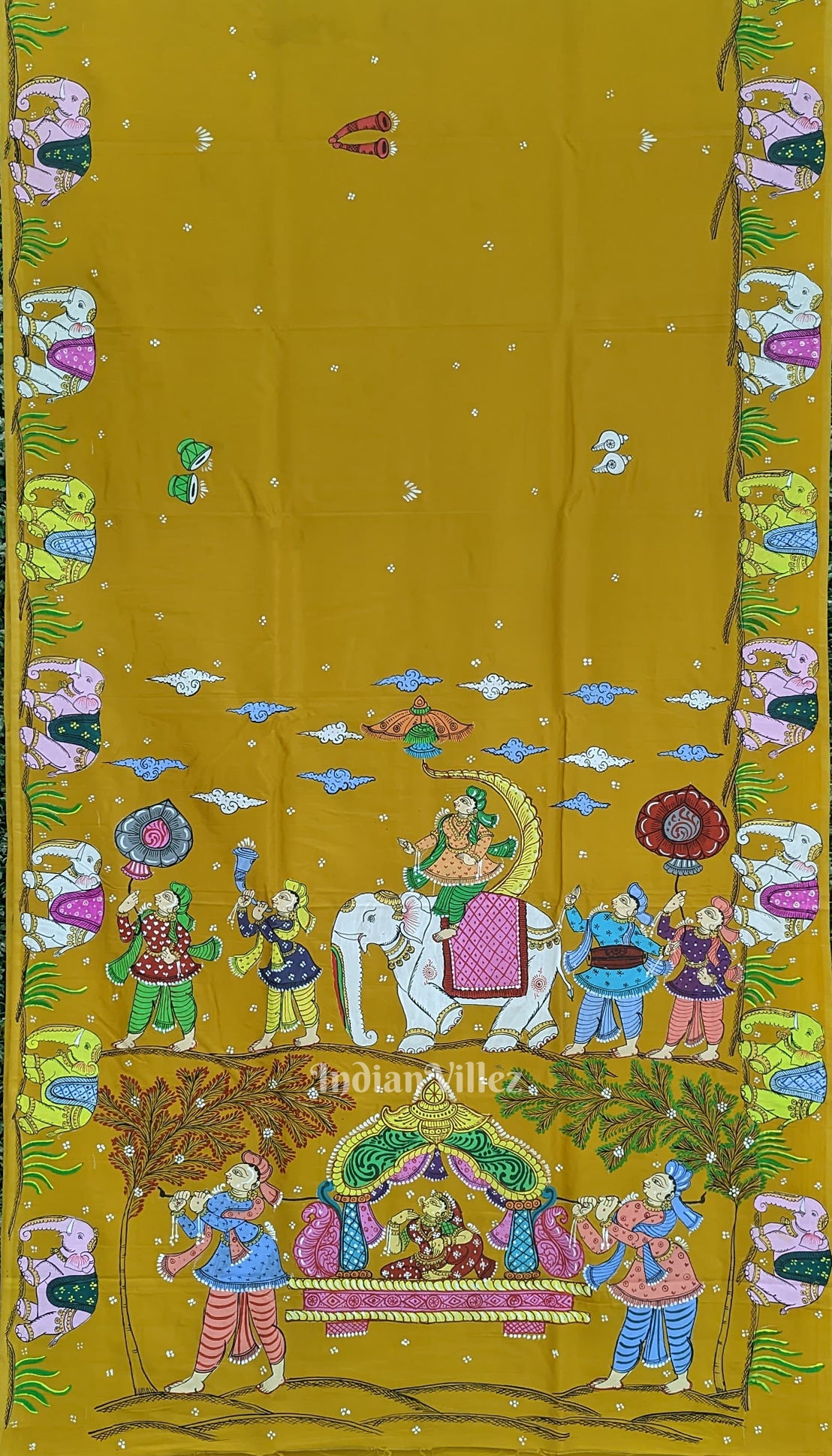 Yellow Doli Barat Theme Hand-Painted Pattachitra Saree