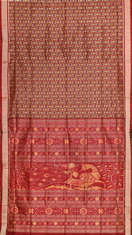 Golden Maroon Elephant Theme Sambalpuri Silk Saree