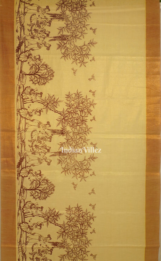 Golden Off-White Single Line Raja Theme Pattachitra Saree