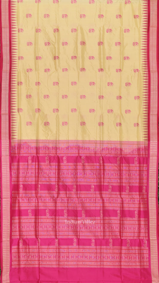 Cream Rani Pink Boita Design Bomkai  Sambalpuri Silk Saree 