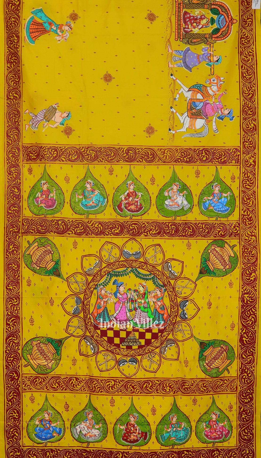 Yellow Doli Barat With Marriage Theme Pattachitra Silk Saree