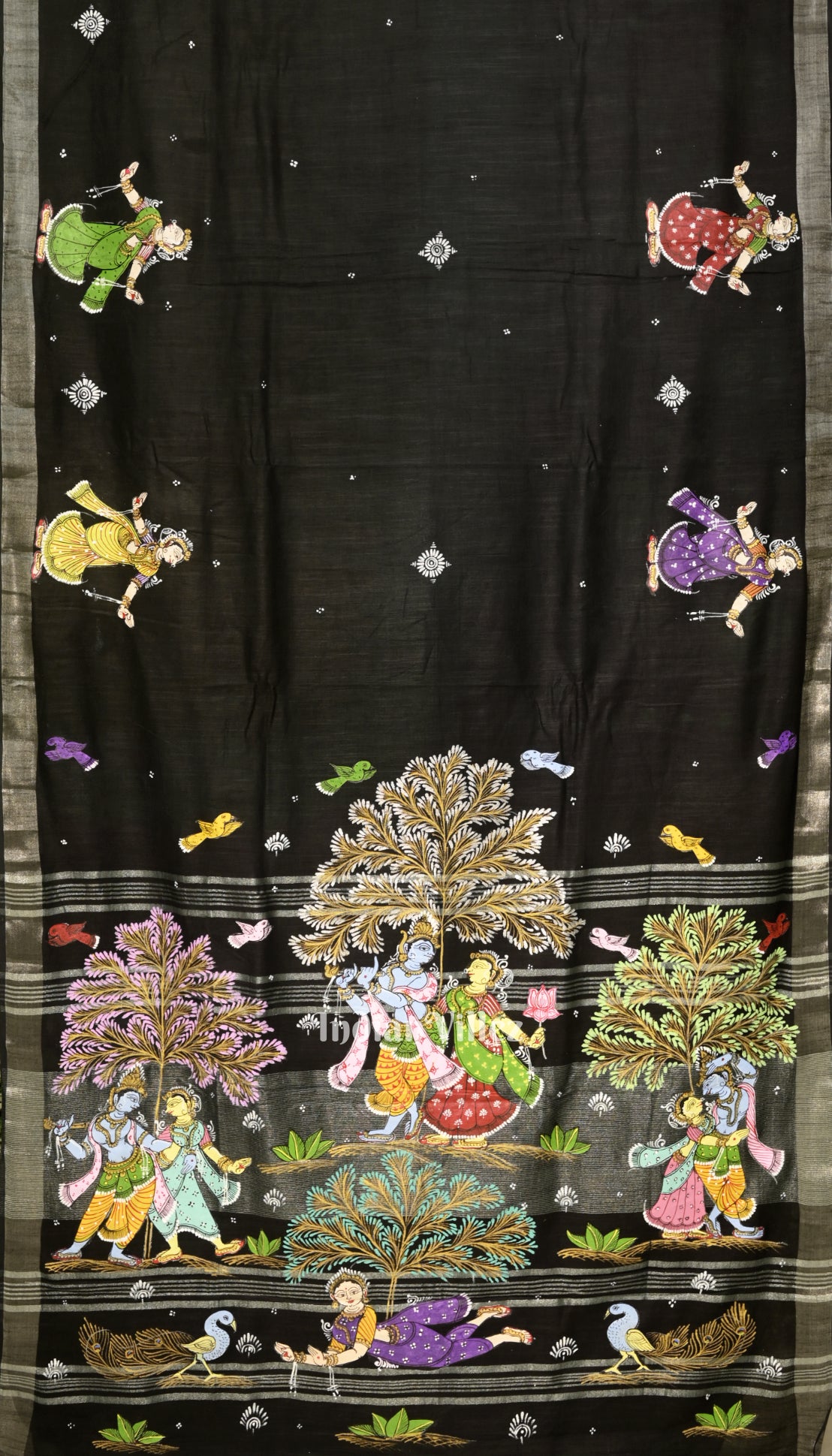 Black Radha Krishna Rasa Theme Hand-Painted Pattachitra Linen Saree With Zari Border