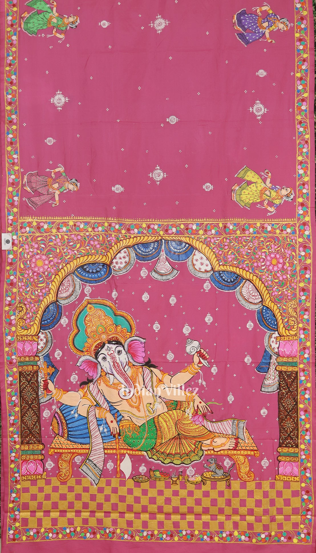 Pink Shree Siddhivinayak Ganapati Pattachitra Silk Saree