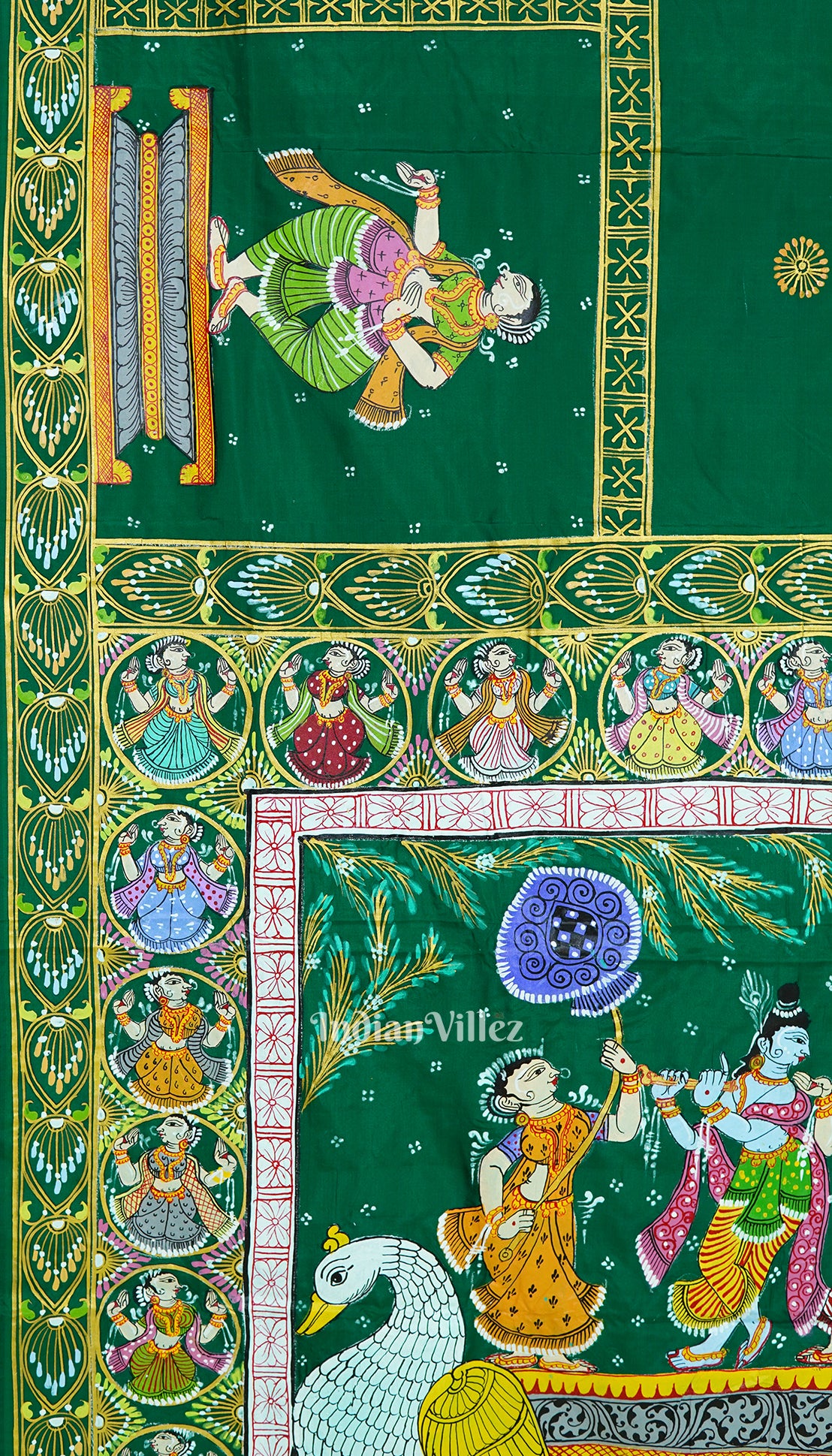 Green Radha Krishna Boita Theme Pattachitra Pure Silk Saree