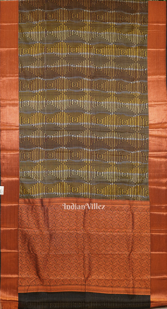 Golden Brown 3D Digital Print Kanjivaram Silk Saree