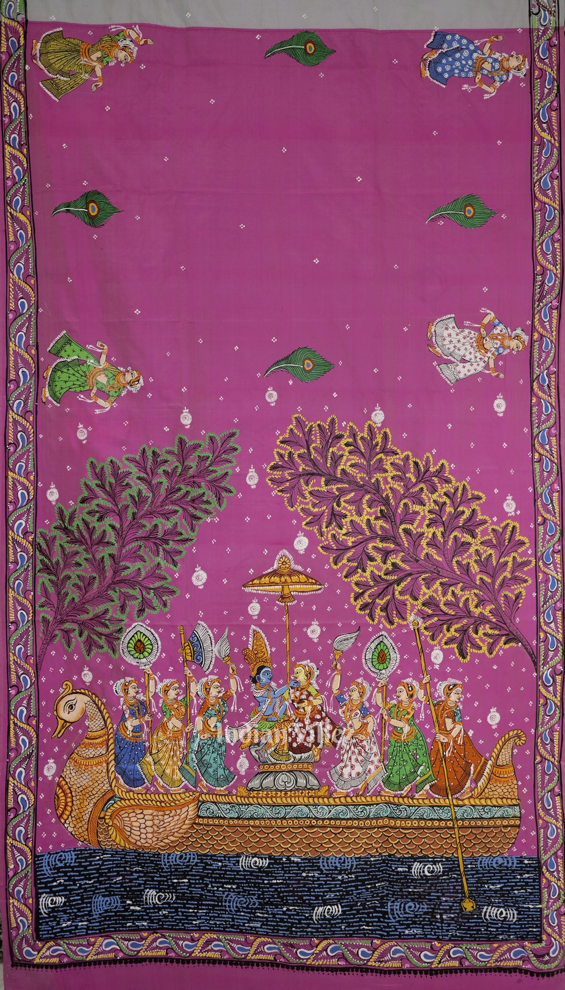 Pink Grey Boita Rasaleela Theme Hand-Painted Pattachitra Saree