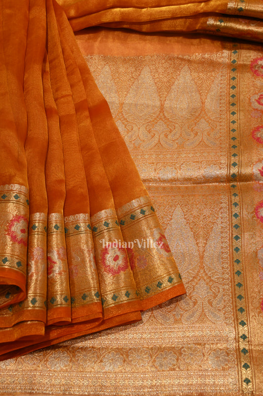 Deep Orange Zari Woven Exclusive Kora  Organza Banarasi  Saree