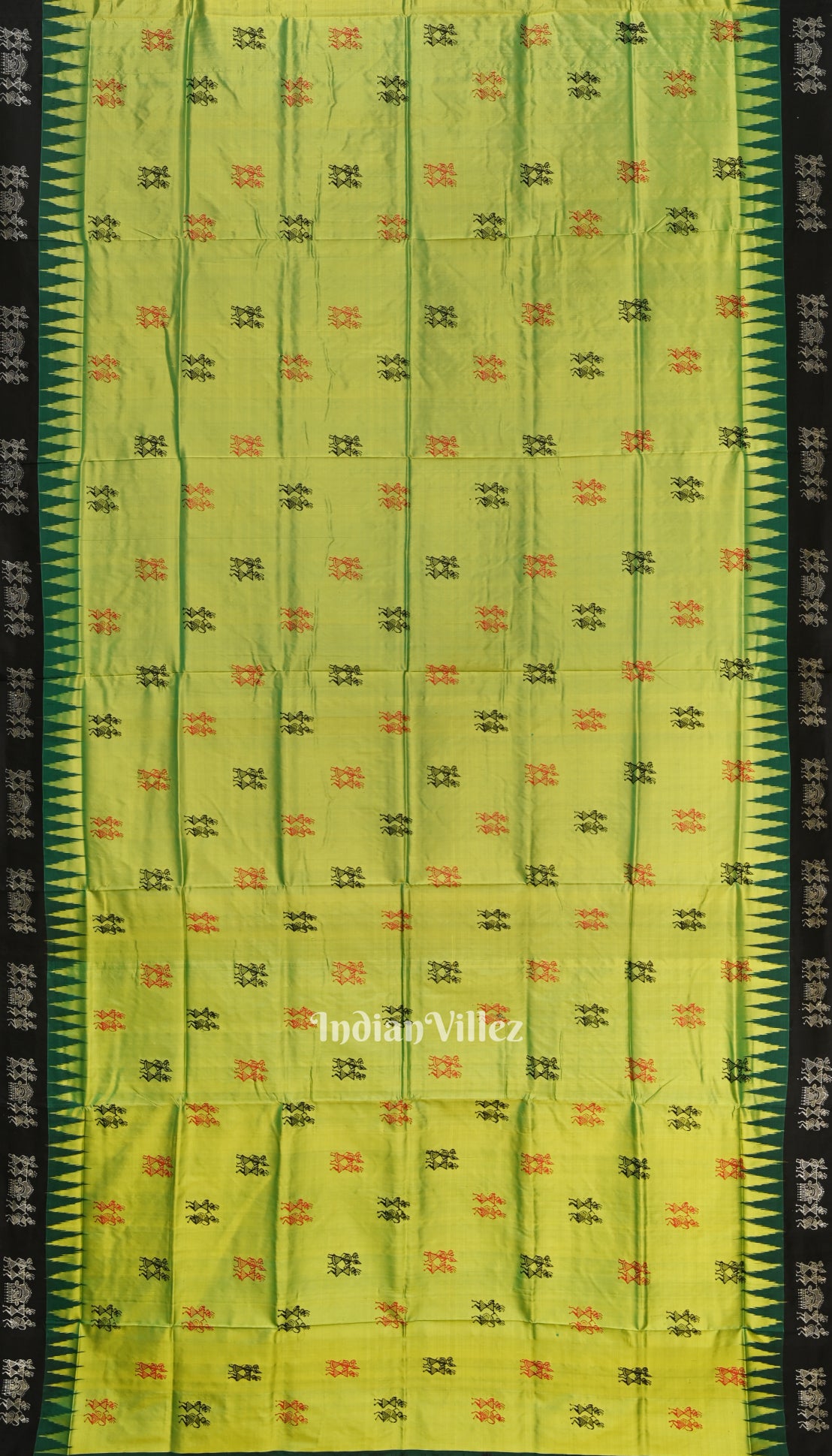 Parrot Green Tribal Theme Odisha Ikat Sambalpuri Silk Saree