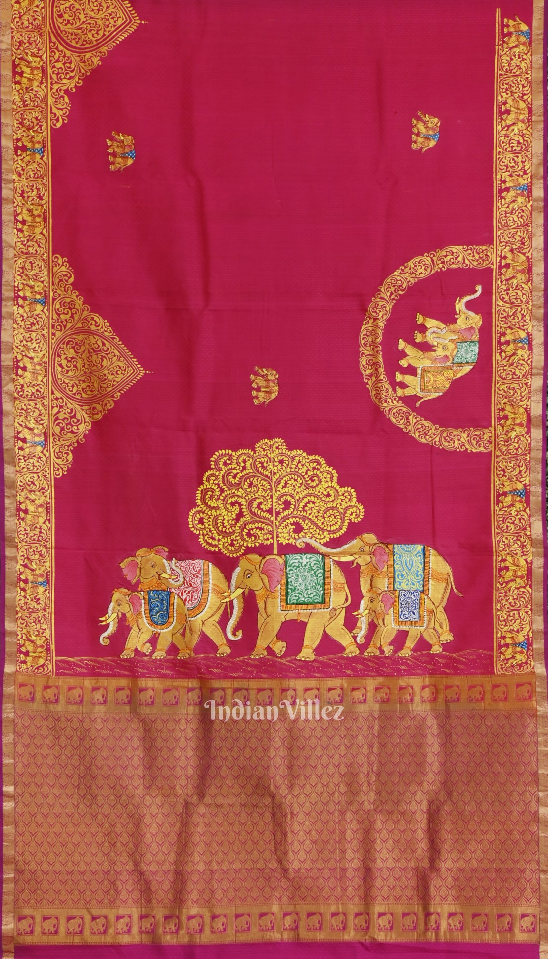 Rani Elephant Theme Hand-Painted Pattachitra Saree