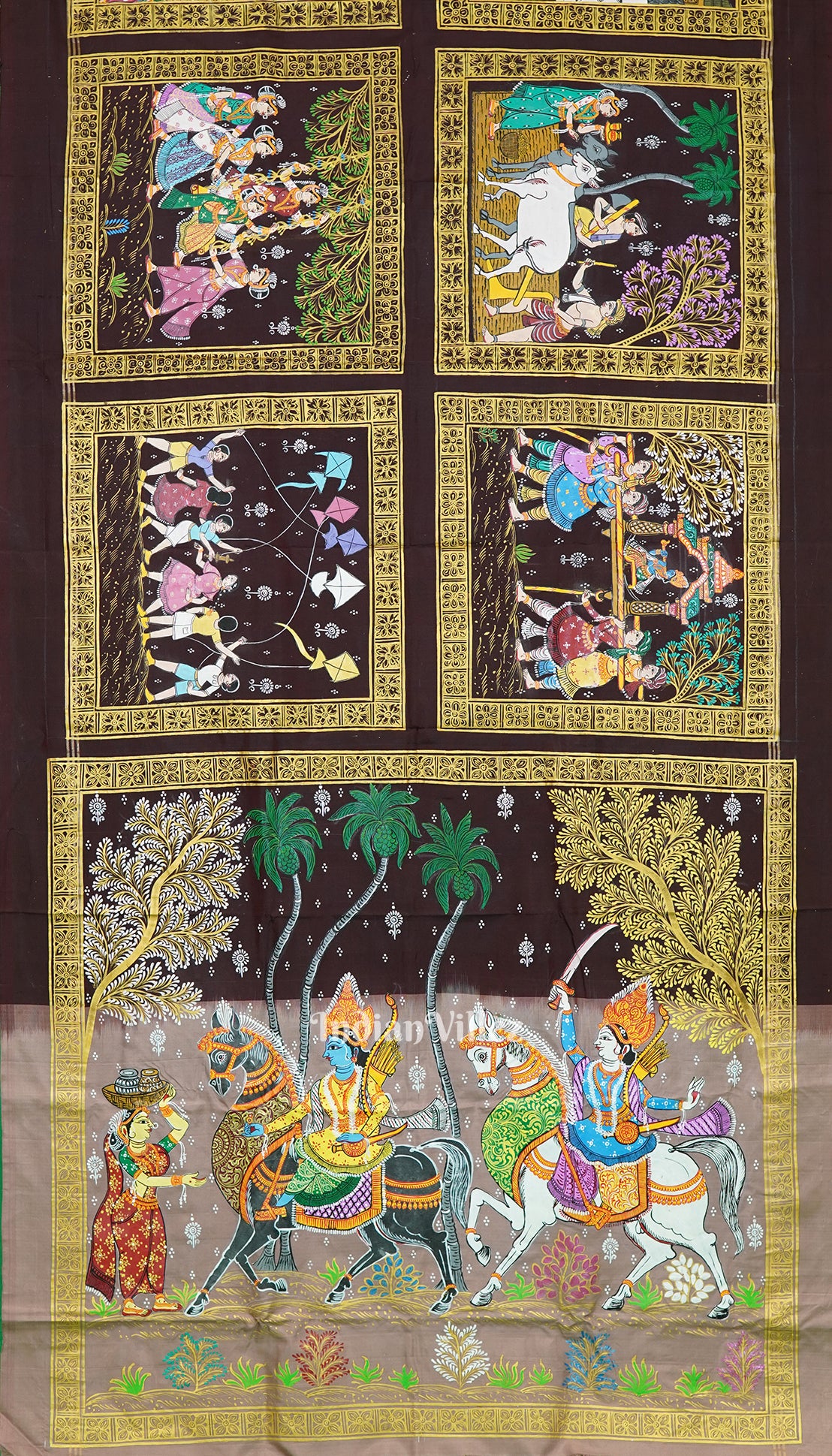 Coffee & Maroon Hindu Festival Hand-Painted Pattachitra Saree