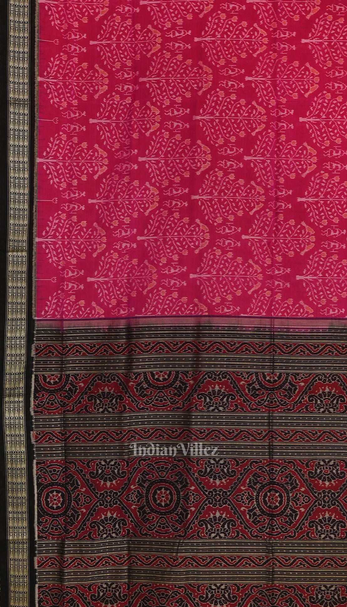 Rani Pink with Black Pure Sambalpuri Ikat Silk*Cotton (Bapta) Saree